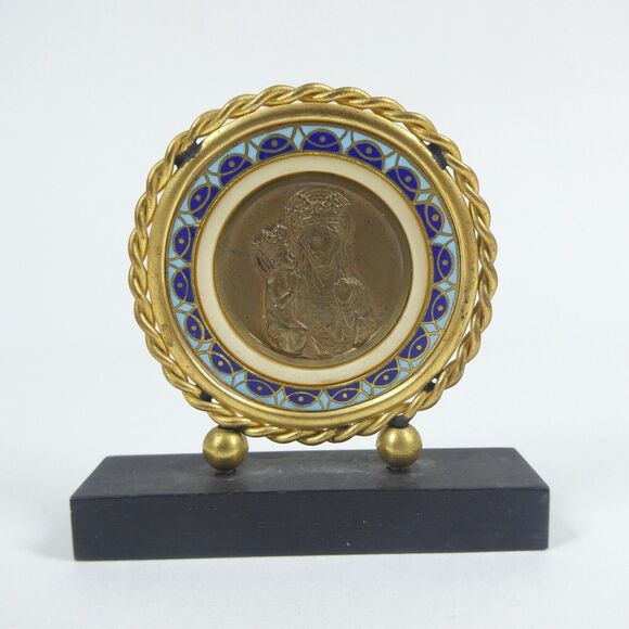 Virgin Mary and Baby Jesus Religious Icon With Mother of  Virgin Mary & Baby Jesus Religious Icon Round Medal Plaque w/Enamel Border Vtg
